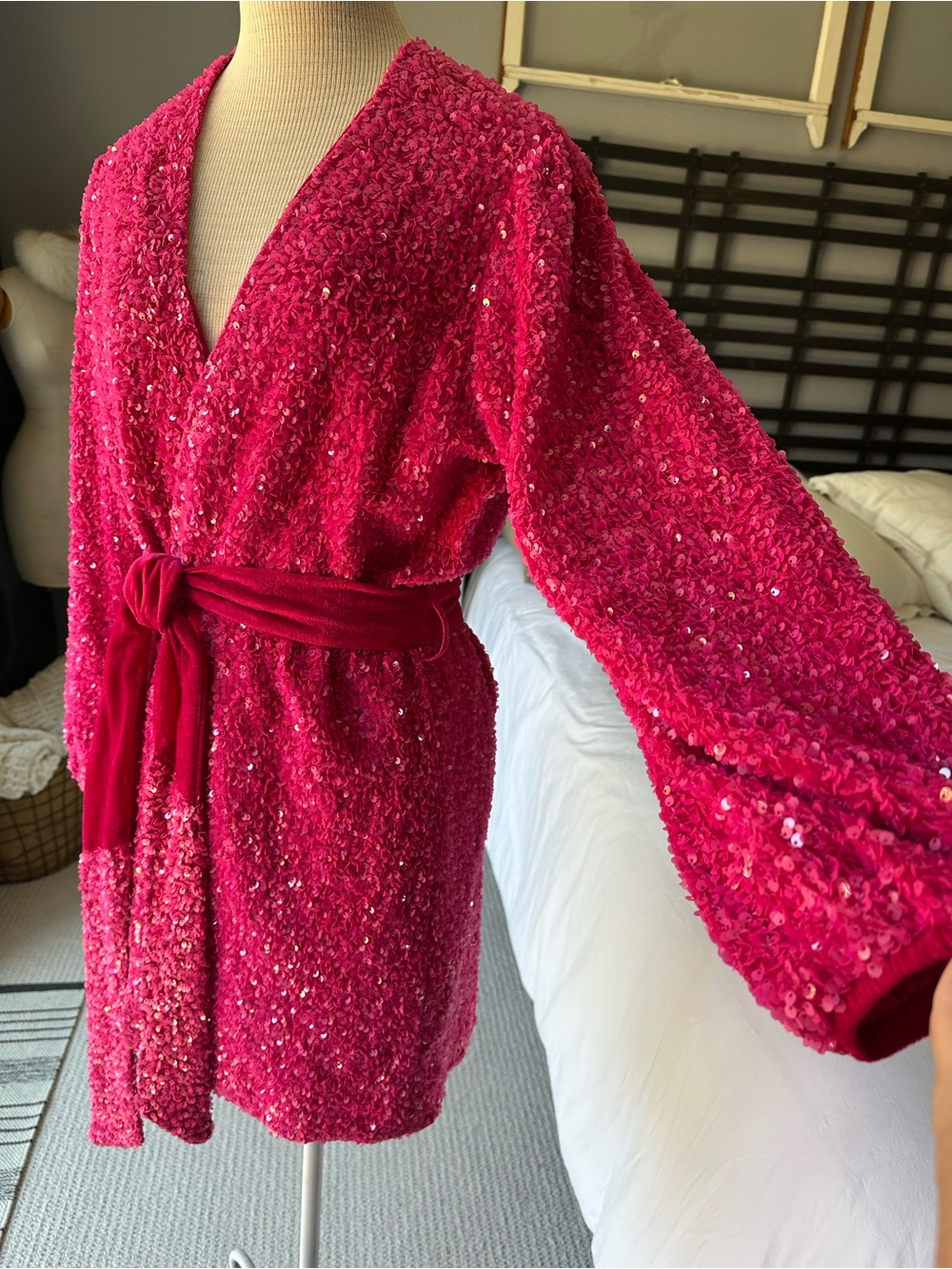 Blue B Collection, Bright Pink Sequin Wrap Mini Dress with Belt, size large - Picture 3 of 16